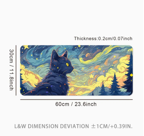 Extra-Large Van Gogh-Inspired Black Cat Desk Mouse Pad