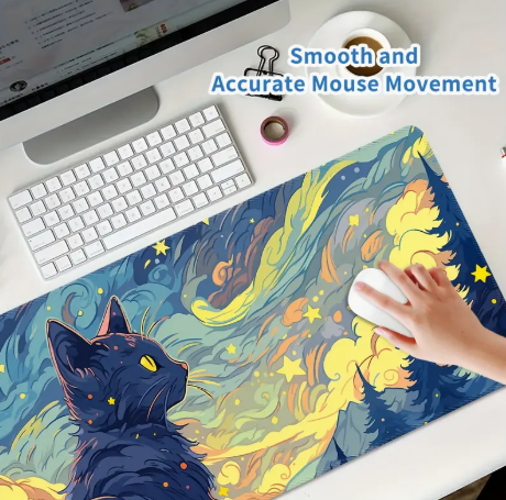 Extra-Large Van Gogh-Inspired Black Cat Desk Mouse Pad