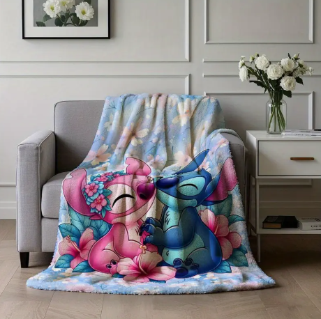 🧸 Disney Stitch & Angel Floral Fleece Blanket – Soft, Cozy, 40x50 Throw with Official Cartoon Print