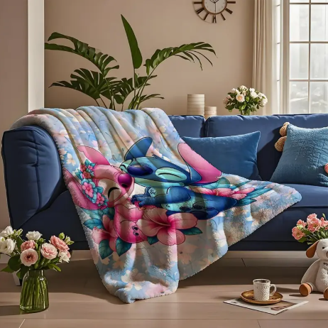 🧸 Disney Stitch & Angel Floral Fleece Blanket – Soft, Cozy, 40x50 Throw with Official Cartoon Print