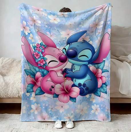 🧸 Disney Stitch & Angel Floral Fleece Blanket – Soft, Cozy, 40x50 Throw with Official Cartoon Print
