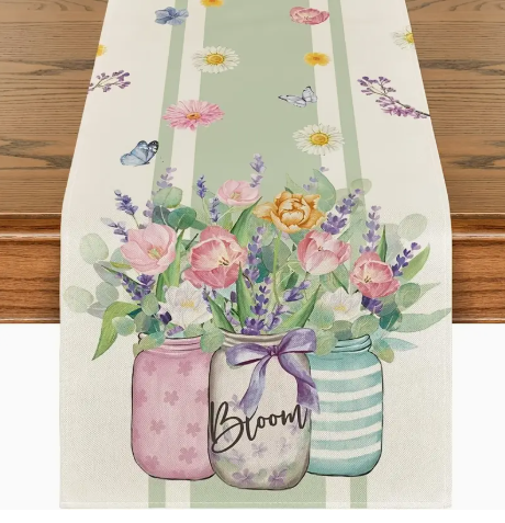 7-Piece “Bloom” Spring Kitchen Decor Set – Table Runner, 4 Placemats & 2 Towels | Tulip & Mason Jar Floral Design