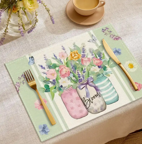 7-Piece “Bloom” Spring Kitchen Decor Set – Table Runner, 4 Placemats & 2 Towels | Tulip & Mason Jar Floral Design