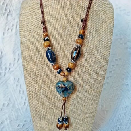 Handcrafted Bohemian Vintage Ceramic Heart Pendant Necklace