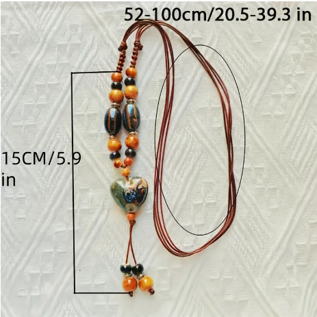 Handcrafted Bohemian Vintage Ceramic Heart Pendant Necklace