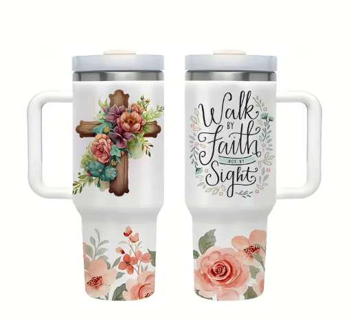 Christiann"Walk in Fath" Tumbler with Handle, Straws & Straw Cleaner