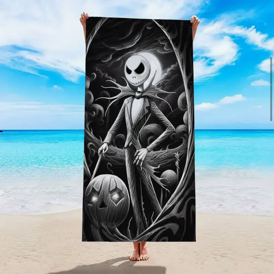 🖤 Jack Skellington Halloween Oversized Beach Towel – Spooky Black & White Disney Design | Soft Lightweight Microfiber | Quick-Dry | 59x27.6”