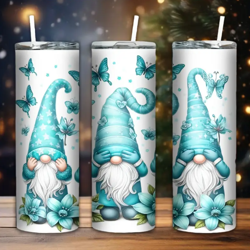 Whimsical Gnome 20oz Stainless Steel Tumbler with Straw – Double-Wall Insulated, Blue Floral & Butterfly Design