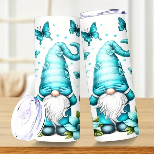 Whimsical Gnome 20oz Stainless Steel Tumbler with Straw – Double-Wall Insulated, Blue Floral & Butterfly Design