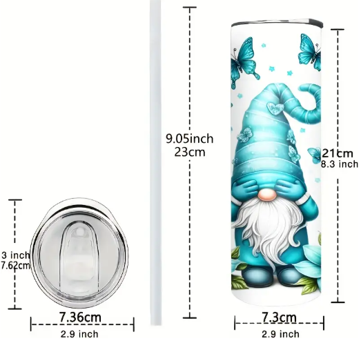 Whimsical Gnome 20oz Stainless Steel Tumbler with Straw – Double-Wall Insulated, Blue Floral & Butterfly Design
