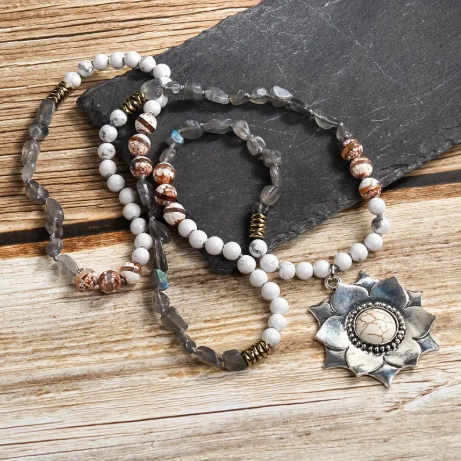 6mm Gray Stone Vintage/Boho Necklace