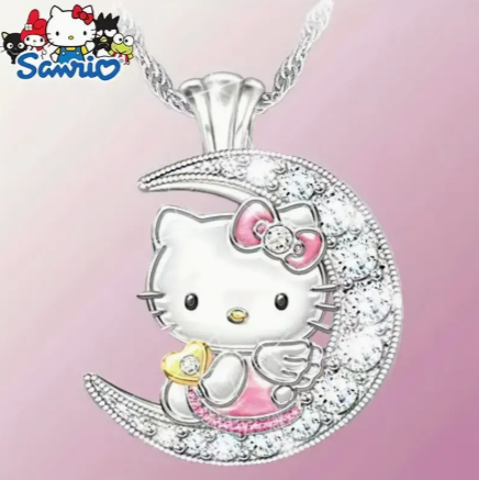 Hello Kitty "Love You to the Moon and Back" Crescent Moon Necklace – Rhinestone Charm Pendant, Engraved Back, Kawaii Sanrio Gift