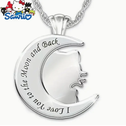 Hello Kitty "Love You to the Moon and Back" Crescent Moon Necklace – Rhinestone Charm Pendant, Engraved Back, Kawaii Sanrio Gift