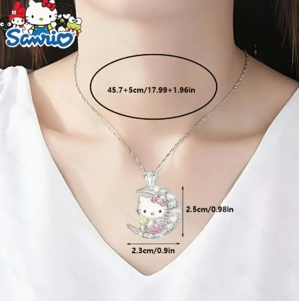 Hello Kitty "Love You to the Moon and Back" Crescent Moon Necklace – Rhinestone Charm Pendant, Engraved Back, Kawaii Sanrio Gift