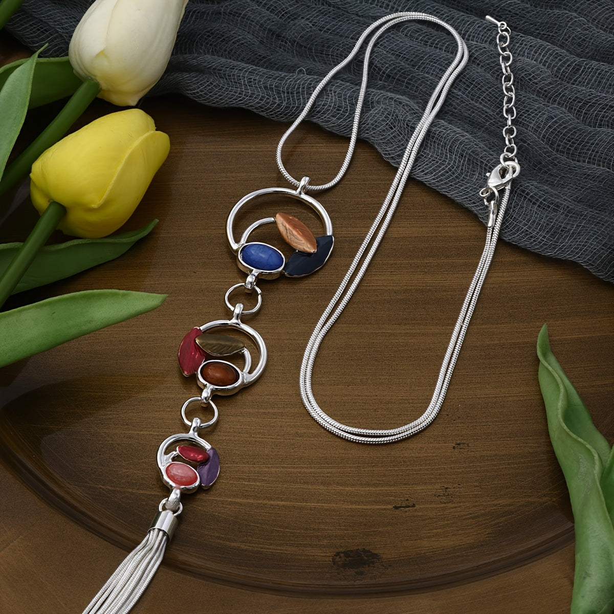 Colorful Resin Leaf Geometric Long Necklace – Winter Sweater Chain with Silver Fringe Tassel