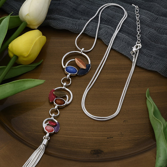 Colorful Resin Leaf Geometric Long Necklace – Winter Sweater Chain with Silver Fringe Tassel