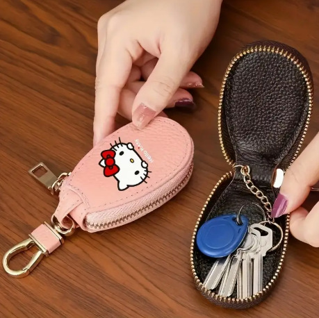 🧳 Hello Kitty Keychain Pouch – Compact Faux Leather Key Organizer with Zipper