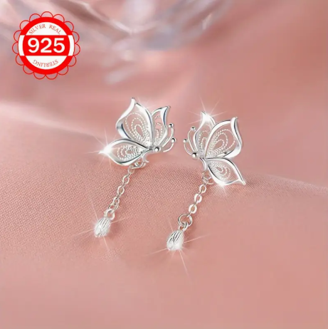 925 Sterling Silver Butterfly ]Lotus Chain Tassel Earrings