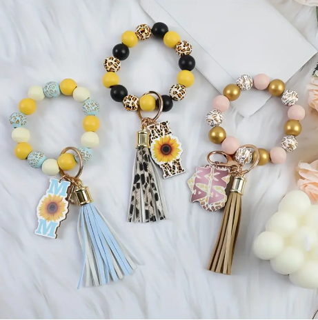 🔑 Sunflower & Letter Charm Beaded Keychain with Tassel – Assorted Styles