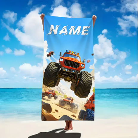 🚙 Personalized Monster Truck Beach Towel - Custom Name Design, Quick-Dry, Ultra-Absorbent (30x60")