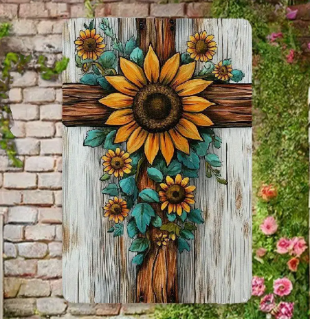 Sunflower Cross Metal Wall Sign – 8x12 Vintage Tinplate Christian Home Decor for Living Room, Bedroom, or Entryway