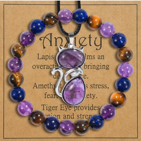 Lapis Lazuli, Amethyst & Tiger Eye Jewelry Set – 2-Piece Anxiety Relief Necklace and Bracelet for Calming and Strength