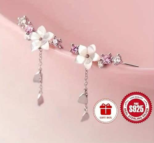 S925 Pure Sterling Silver Cherry Blossom Flower with Cubic Zircona Dangle Earrings