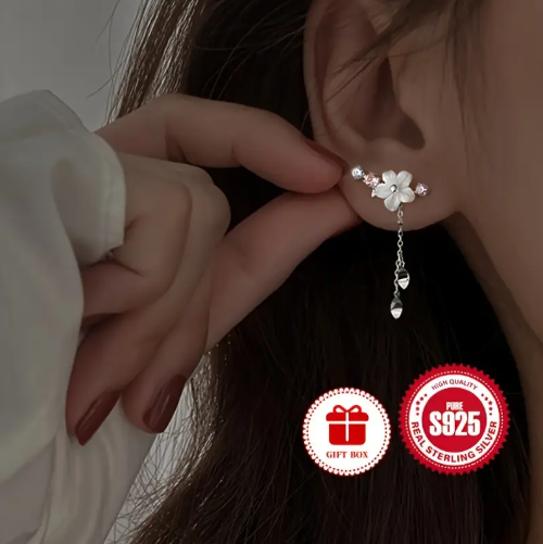 S925 Pure Sterling Silver Cherry Blossom Flower with Cubic Zircona Dangle Earrings