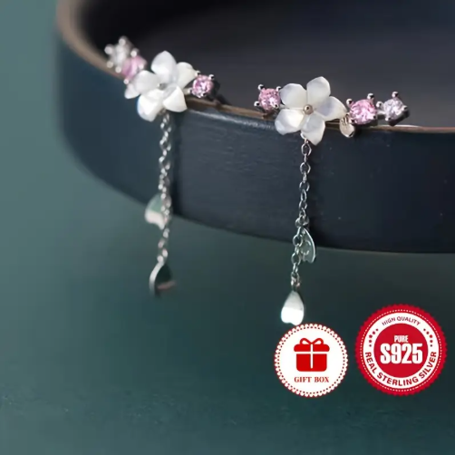 S925 Pure Sterling Silver Cherry Blossom Flower with Cubic Zircona Dangle Earrings