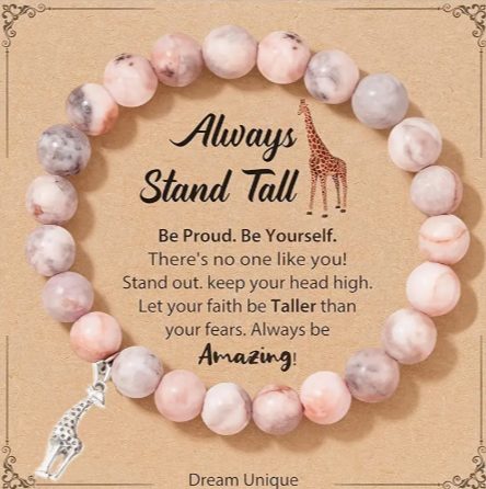 Pink Zebra Stone Giraffe Charm Bracelet with Inspirational Message Card