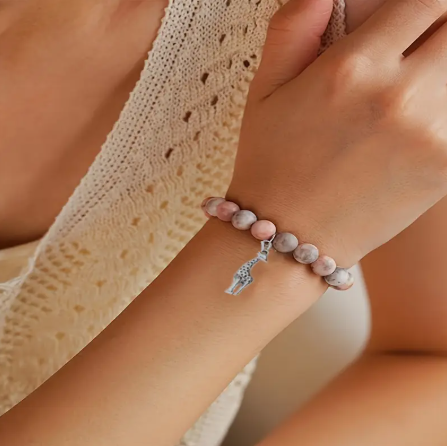 Pink Zebra Stone Giraffe Charm Bracelet with Inspirational Message Card