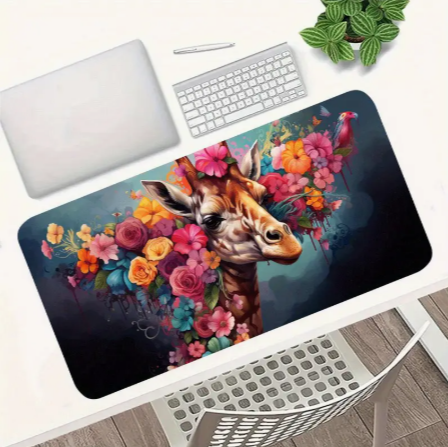 Giraffe and Floral Design Large Rubber Desk Pad