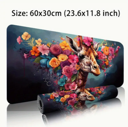 Giraffe and Floral Design Large Rubber Desk Pad