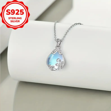 S925 Sterling Silver Moonstone Teardrop Pendent Necklace