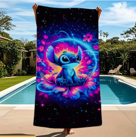Stitch Neon Beach Towel – Vibrant Blue Floral Print, Lightweight Polyester Pool & Travel Towel, Soft & Quick-Dry 55x27”