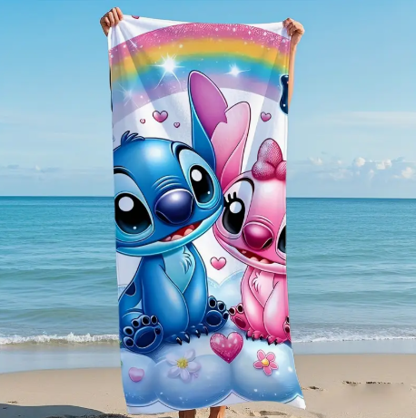 Disney Stitch & Angel Beach Towel – Quick-Dry 100% Polyester Towel with Rainbow & Heart Design | 27.5” x 59” | Officially Licensed