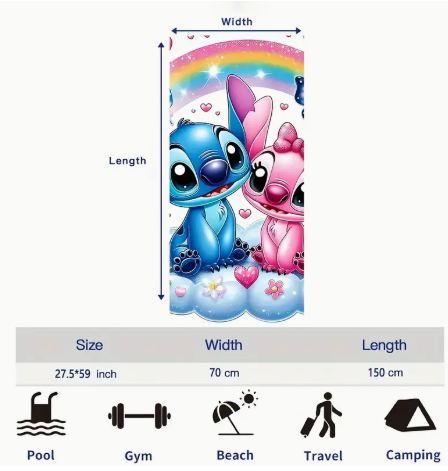 Disney Stitch & Angel Beach Towel – Quick-Dry 100% Polyester Towel with Rainbow & Heart Design | 27.5” x 59” | Officially Licensed