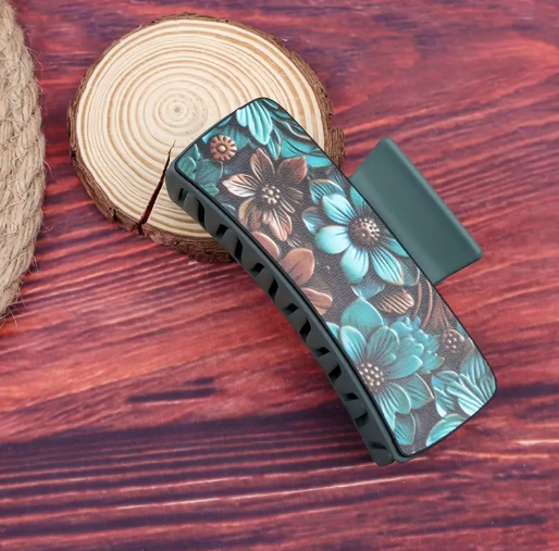 4pcs Vintage Wooden Embossed Pattern Hair Claw Clips, Faux Leather Print Shark Clip