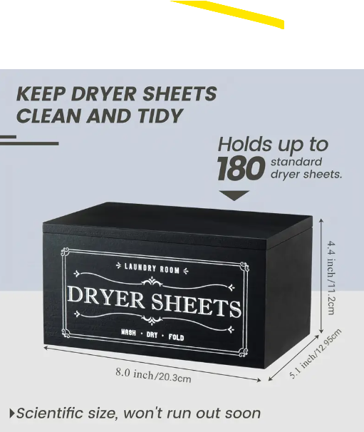 Wooden Dryer Sheet Holder Box with Hinged Lid – Black Rustic Laundry Room Organizer for Dryer Sheets – Holds Up to 180 Sheets