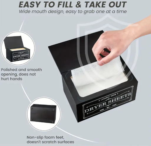 Wooden Dryer Sheet Holder Box with Hinged Lid – Black Rustic Laundry Room Organizer for Dryer Sheets – Holds Up to 180 Sheets