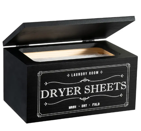 Wooden Dryer Sheet Holder Box with Hinged Lid – Black Rustic Laundry Room Organizer for Dryer Sheets – Holds Up to 180 Sheets
