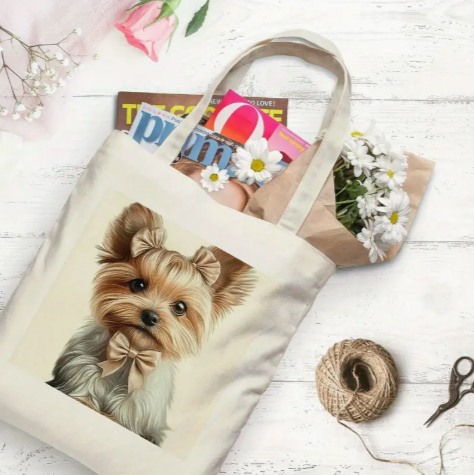 Cute Yorkie Puppy Canvas Tote Bag – Reusable Shopping Bag with Bow Design, Durable Travel & Daily Carry Bag
