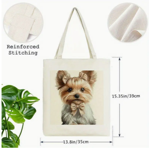 Cute Yorkie Puppy Canvas Tote Bag – Reusable Shopping Bag with Bow Design, Durable Travel & Daily Carry Bag