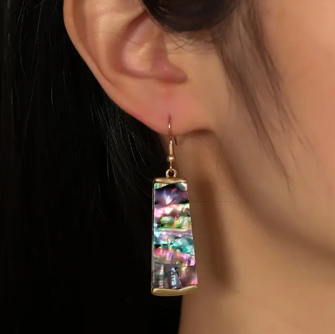 Multicolor & Gold Abalone Glass Drop Earrings | Purple Iridescent Trapezoid Earrings with Abalone Shell Inlay | Hypoallergenic Earring Wire