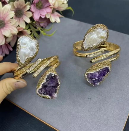 14K Gold Plated Amethyst & Baroque Pearl Cuff Bracelet – Bold Adjustable Statement Jewelry