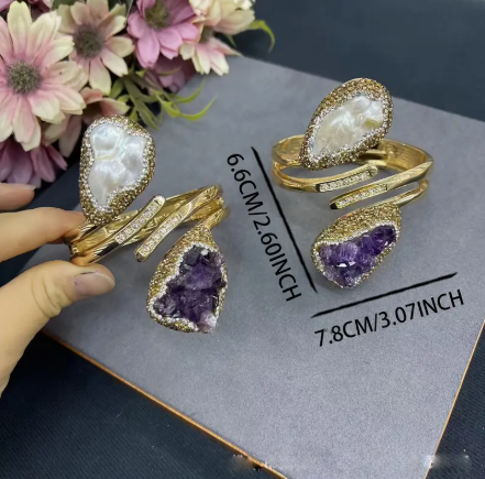 14K Gold Plated Amethyst & Baroque Pearl Cuff Bracelet – Bold Adjustable Statement Jewelry