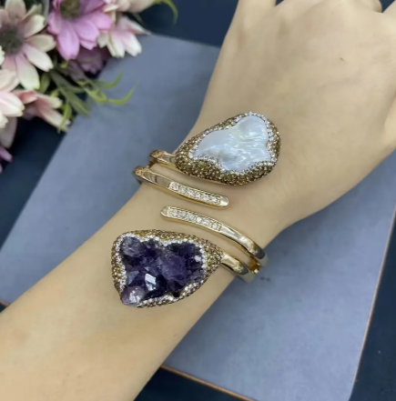 14K Gold Plated Amethyst & Baroque Pearl Cuff Bracelet – Bold Adjustable Statement Jewelry