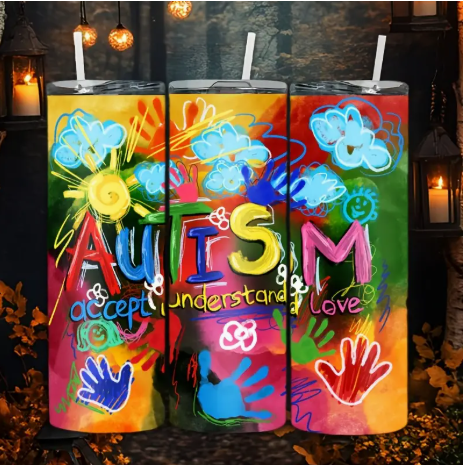 Autism Awareness 20oz Stainless Steel Insulated Tumbler – Travel Mug with Lid & Straw, Reusable Double-Wall Cup