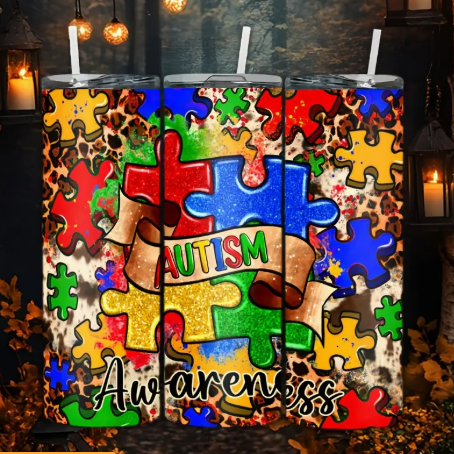 Autism Awareness Stainless Steel Tumbler with Lid & Straw – 20oz Puzzle Piece Insulated Travel Mug with Gift Box