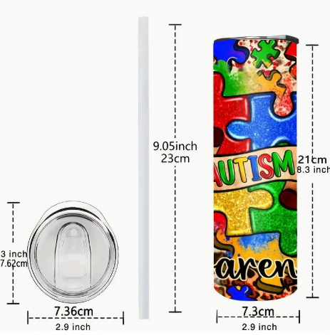 Autism Awareness Stainless Steel Tumbler with Lid & Straw – 20oz Puzzle Piece Insulated Travel Mug with Gift Box